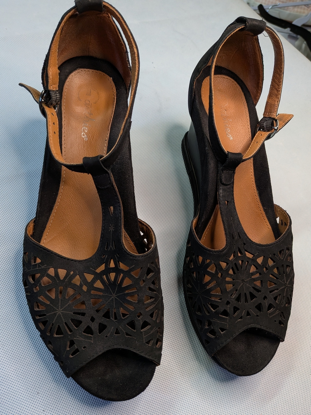 Earthies Black Laser-Cut T-Strap Peep-Toe Wedge Sandals